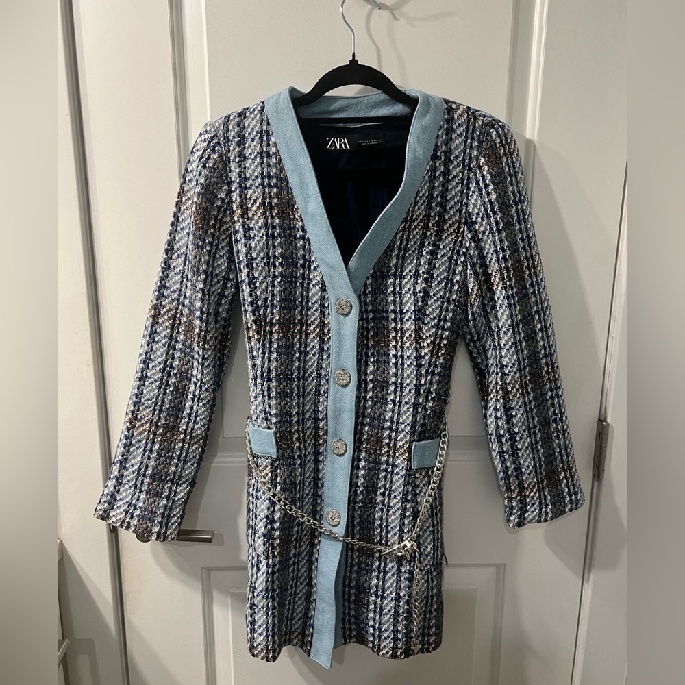 ZARA blue coat with buttons and silver chain belt